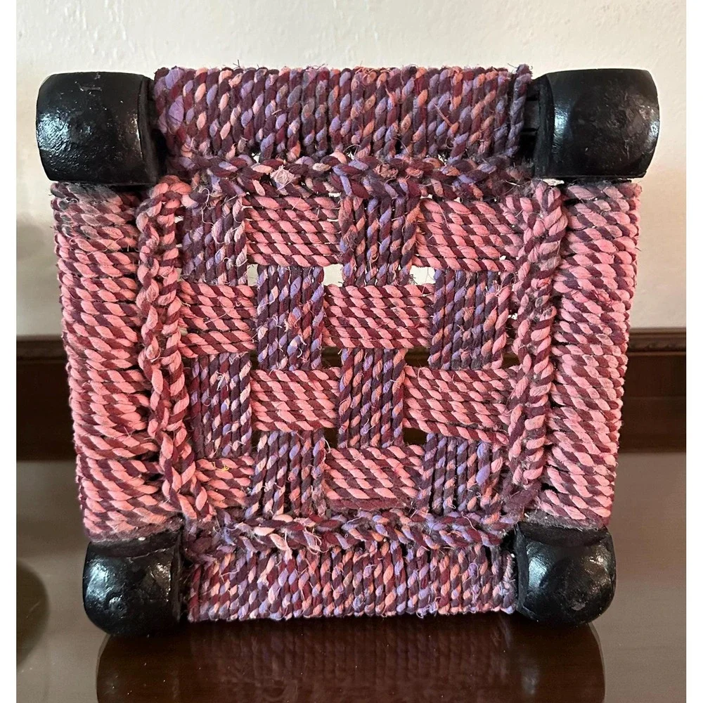 Vintage Pink and Purple Hand Woven Small Low Seat Stool